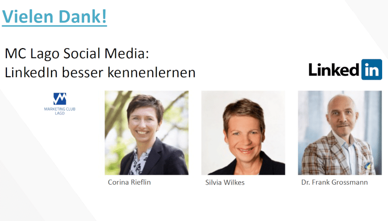 LinkedIn Workshop beim Marketing Club Lago: Unsere 3 Mitglieder:innen - Corina Rieflin, Silvia Wilkes und Frank Grossmann (von Links nach rechts) - #MCLago Mitglied Deutscher Marketing Verband (DMV).