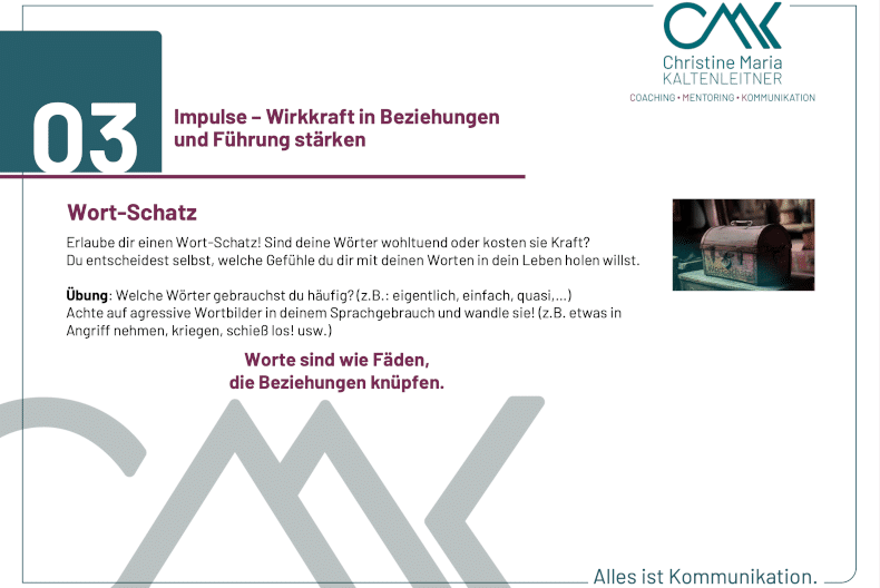 Bewusste Kommunikation Wort-Schatz Christine Kaltenleitner Führungskommunikation