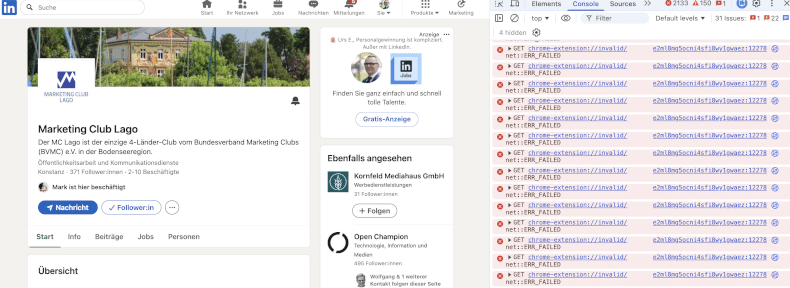 Screenshot eines Chromium Browsers mit LinkedIn und sichtbaren JavaScript Requests zur Erkennung von Browser Erweiterungen