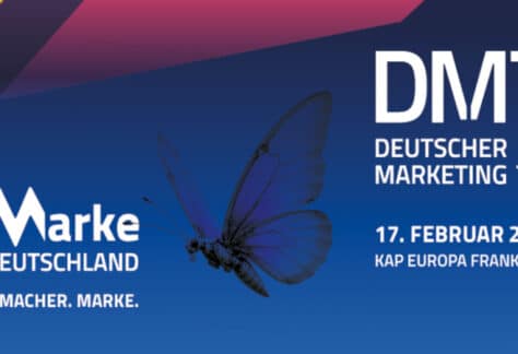 Visual zum Deutschen Marketing Tag 2027 am 17. Februar im Kap Europa Frankfurt, mit Logo Marke Deutschland und blauem Schmetterling