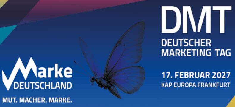 Visual zum Deutschen Marketing Tag 2027 am 17. Februar im Kap Europa Frankfurt, mit Logo Marke Deutschland und blauem Schmetterling